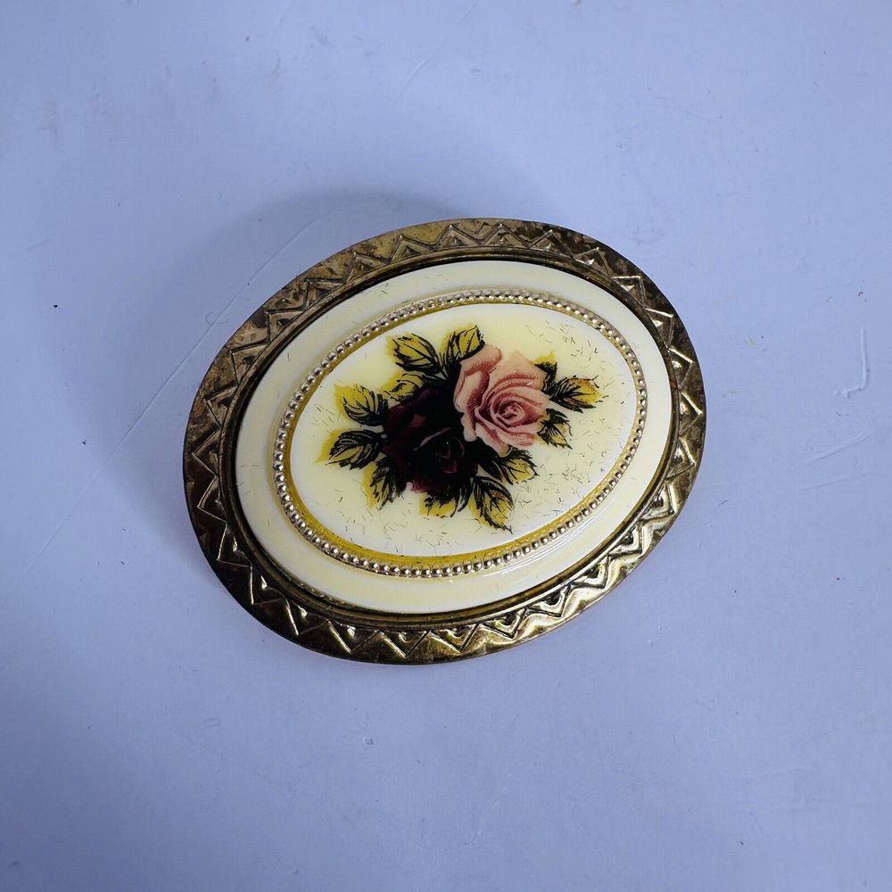 Vintage Gold Tone Enamel‎ Roses Brooch Pin Pendant